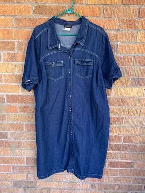 VTG Tabloid Dark Denim Shirt Dress Button Down Short Sleeve 90s Western 2XL